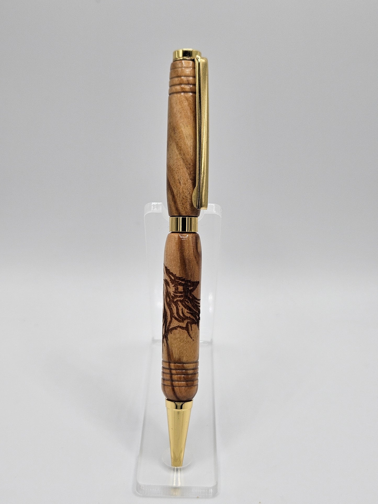 Olive Wood Slimline pen with wolf engraving